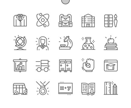 School day. Exercise book. Stationery. Schoolgirl. Economics, music and chemistry. Pixel Perfect Vector Thin Line Icons. Simple Minimal Pictogram