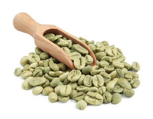 Wooden scoop with green coffee beans on white background