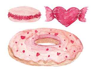 Delicate watercolor set with various sweets. Donut, macaroon and candy isolated on a white background. 