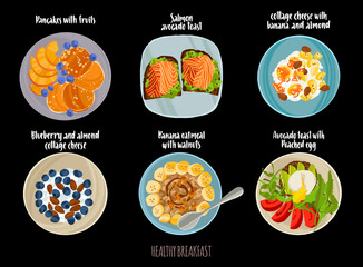 Delicious healthy breakfasts set. Hand drawn dishes in flat style with dry brush texture.