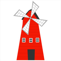 Fototapeta premium Red windmill in cartoon style isolated on white background, farm animal, rural lifestile concept for children books
