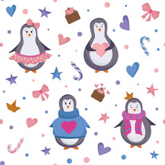  seamless pattern for Valentine's Day on a white background. Penguins in love in a flat style with hearts, stars in pastel pink, lilac and blue colors. For fabric, wrapping paper, wallpaper