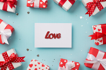 Top view photo of saint valentine's day decorations card with inscription love heart shaped...