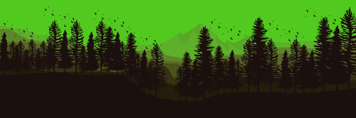 green forest landscape mountain scenery vector illustration for design background, wallpaper, background template, and backdrop design	