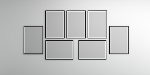 Photo frames isolated on the white wall, Creative mood board mockup template in living room interior, realistic square black frames mockup, vector set. empty framing for your design.3d rendering