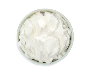 Bowl of tasty cream cheese isolated on white, top view