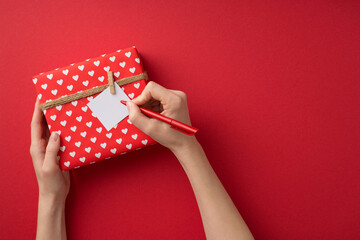 Fototapeta na wymiar First person top view photo of valentine's day decor female hands writing love letter attached to giftbox in red wrapping paper with heart pattern and twine on isolated red background with empty space