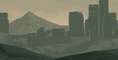 Empty rural landscape illustration. Alien city. Space art. Abandoned huge structures. © Jakub