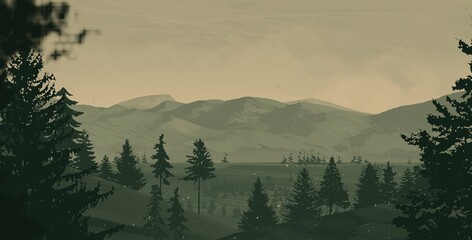 Empty rural landscape illustration. Canadian wilderness.