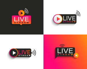 Set live stream logos,symbols,icons with play button and wifi.Emblems for broadcasting, online tv, sport, news and radio streaming.Template for shows, movies and live performances.Vector illustration.