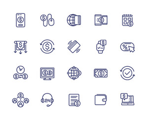 Payments, online banking and money transfers line icons set