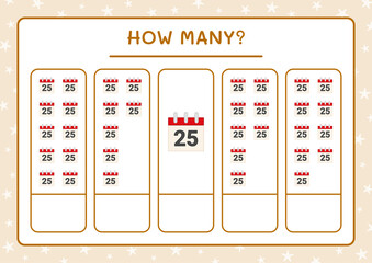 How many christmas calendar, game for children. Vector illustration, printable worksheet