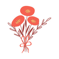 A simple floral arrangement with flowers and a bow. A bouquet with abstract red flowers and twigs. Vector botanical illustration isolated on a white background.
