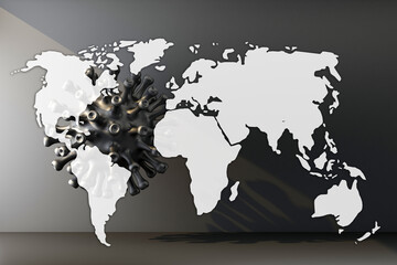 earth map mockup on blackcoronavirus bacteria lit by ray of light