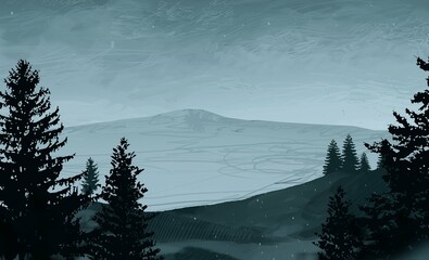 Empty rural landscape illustration. Canadian wilderness. Pine forest and snow. © Jakub
