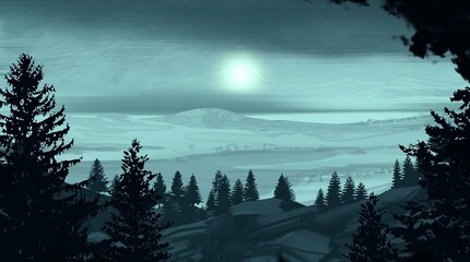 Empty rural landscape illustration. Canadian wilderness. Pine forest and snow. © Jakub