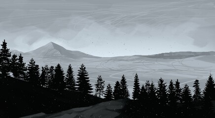 Empty rural landscape illustration. Canadian wilderness. Pine forest and snow. © Jakub
