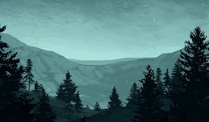 Empty rural landscape illustration. Canadian wilderness. Pine forest and snow. © Jakub