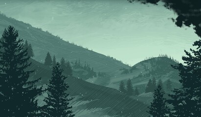 Empty rural landscape illustration. Canadian wilderness. Pine forest and snow. © Jakub
