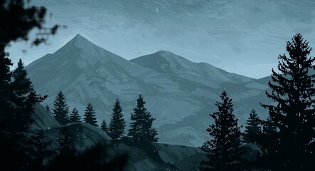 Empty rural landscape illustration. Canadian wilderness. Pine forest and snow. © Jakub