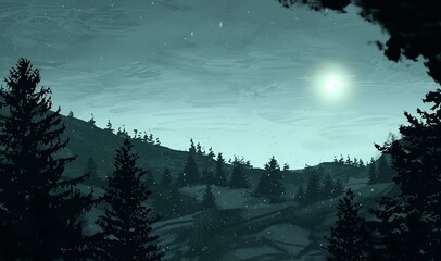 Empty rural landscape illustration. Canadian wilderness. Pine forest and snow. © Jakub