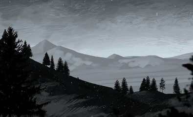 Empty rural landscape illustration. Canadian wilderness. Pine forest and snow. © Jakub