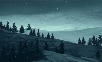 Empty rural landscape illustration. Canadian wilderness. Pine forest and snow. © Jakub