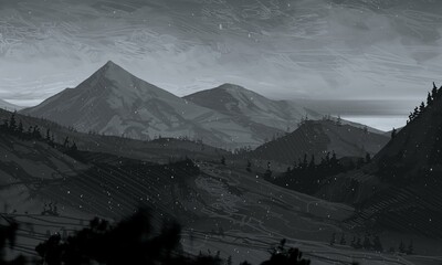 Empty rural landscape illustration. Canadian wilderness. Pine forest and snow. © Jakub