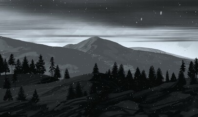 Empty rural landscape illustration. Canadian wilderness. Pine forest and snow. © Jakub