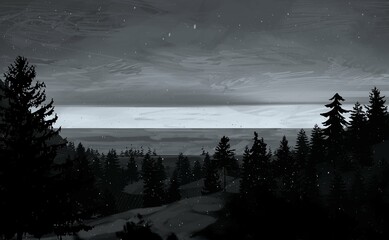Empty rural landscape illustration. Canadian wilderness. Pine forest and snow. © Jakub