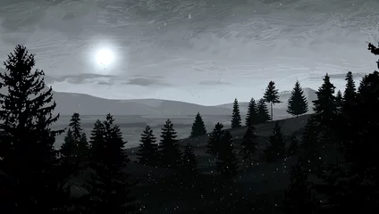 Blackout roller blinds Forest in fog Empty rural landscape illustration. Alien world space art.