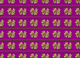 Gold bows for decorating gifts on a purple background. Beautifully tied bow, stripes between the bows. Photo of a gift package with a seamless pattern.