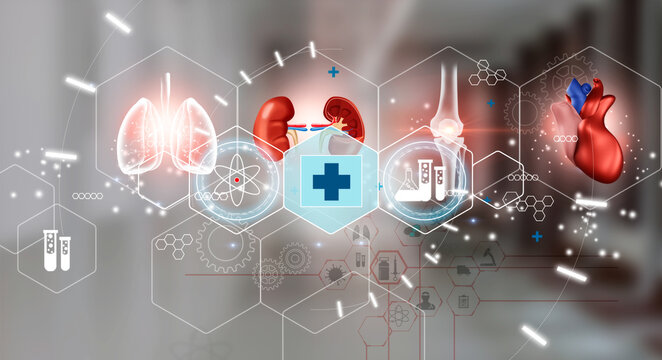 Background with medical symbols and human organs as a concept of health and well-being. Medical future technology and innovative concept.
