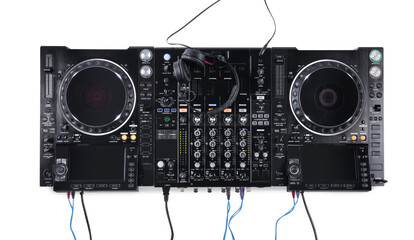Modern DJ controller on white background, top view