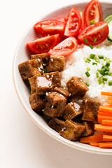 Poke bowl, lunch bowl with fresh vegetables and rice. 