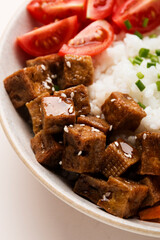 Poke bowl, lunch bowl with fresh vegetables and rice. 