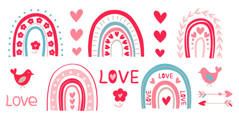 Rainbow, heart, flowers, birds. Vector illustration. 