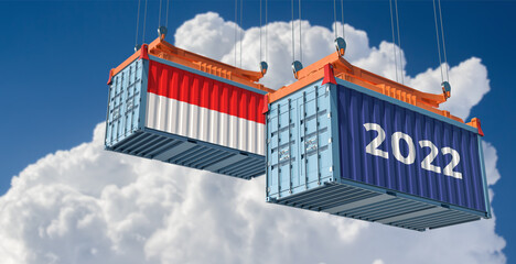 Trading 2022. Freight container with Indonesia national flag. 3D Rendering 