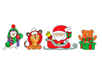 Naklejka premium New Year vector illustration in flat style. Santa claus with tiger, penguin and bear hand drawn style. For decorating holiday gifts, invitations and greeting cards for Christmas and New Years.
