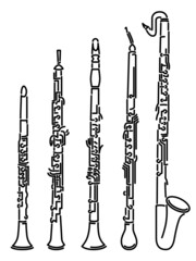 Set of simple images different types of woodwind instrument (clarinets, oboe and horn) drawn by lines. - 476859777