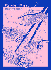 Vector illustration of Japanese sushi. Asian cuisine wallpaper for menu, packaging, cafe, restaurant. Sushi with octopus, shrimp, salmon, avocado, caviar, salmon, seaweed