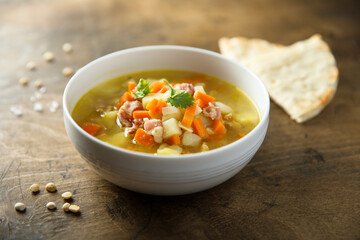 Homemade pea soup with bacon