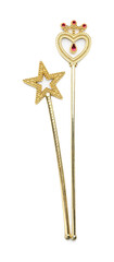 Beautiful golden magic wands on white background, top view