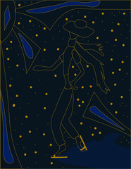 Abstract illustration about a person walks among the stars. 
Blue and gold colors. Vector.