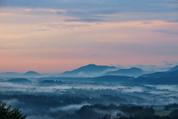 Twilight before sunrise in the morning over mountain landscape near Bled, Slovenia