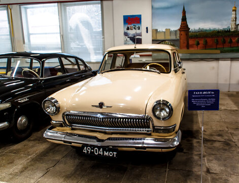 Moscow, Russia - December 16 2021: Retro car GAZ-21 in film studio Mosfilm museum.