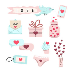 Set of illustrations Valentine's Day. Vector images of smartphone, heart, birdie, tape, kesk, messages, panties, decor in a bank.