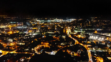 Fototapeta na wymiar An aerial view of the centre of Ipswich at night in Suffolk, UK