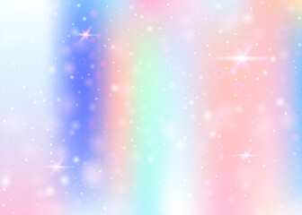 Unicorn background with rainbow mesh. Trendy universe banner in princess colors. Fantasy gradient backdrop with hologram. Holographic unicorn background with magic sparkles, stars and blurs.