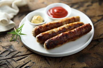 Homemade roasted sausages with ketchup and mustard